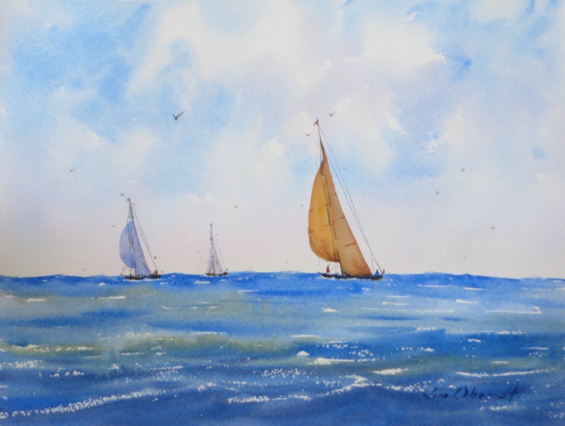 seascape, sea, ocean, boat, sailboat, watercolor, oberst